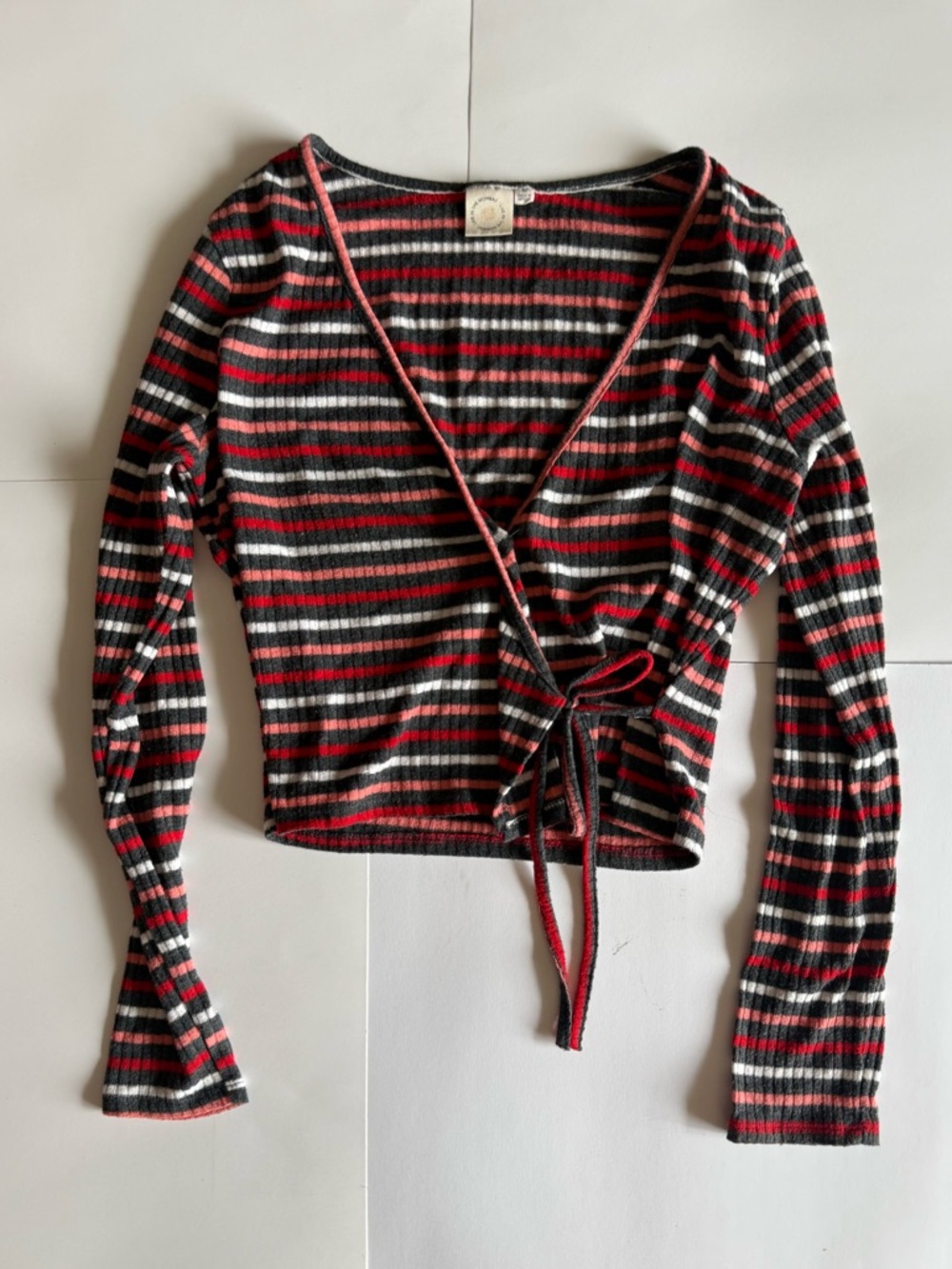 Striped Rib-Knit Wrap Crop Top in Black, Red & White